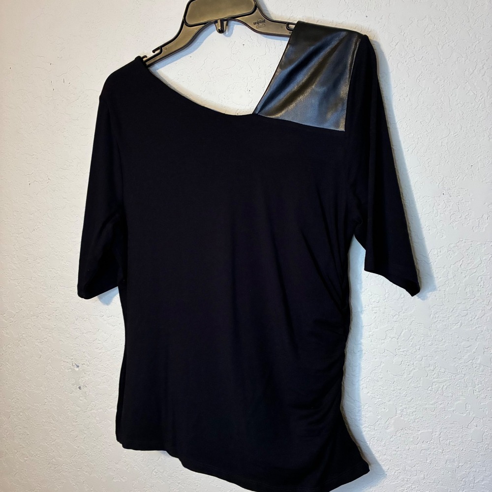 INC Black Faux Leather Trim Top Asymmetrical Neckline Goth Women Medium Party